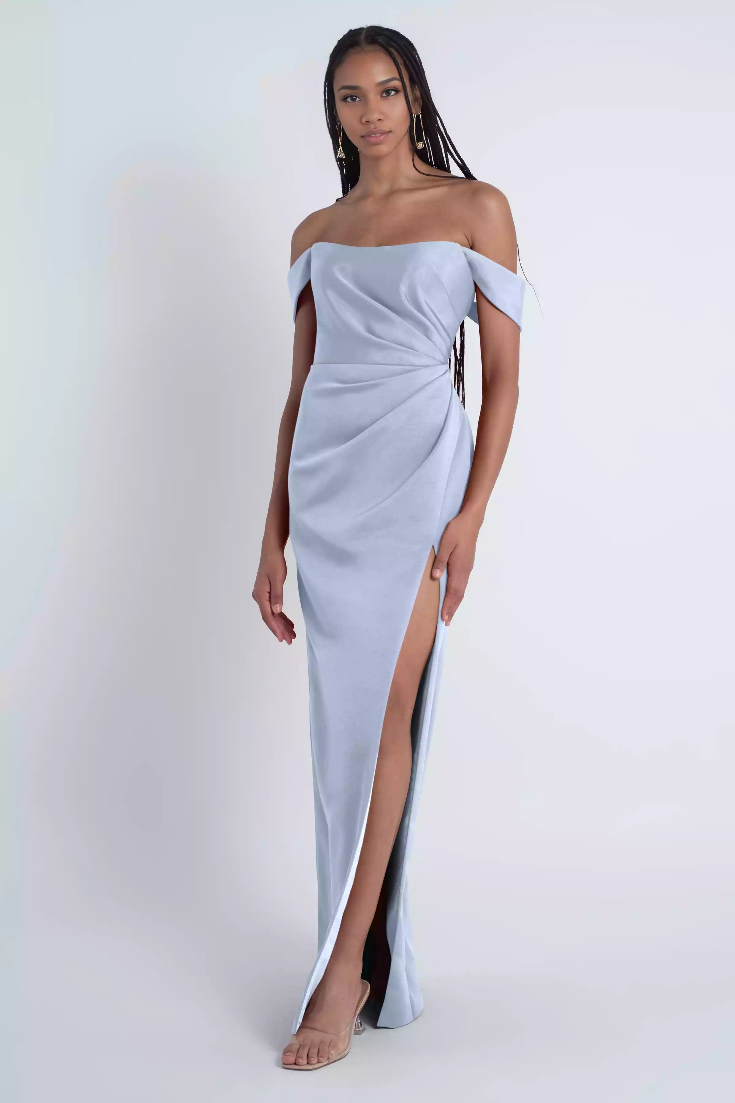 Beautiful round neck off shoulder tight corset with asymmetrical pleats and slits, fully lined back and mid zip Bridesmaid Dresses