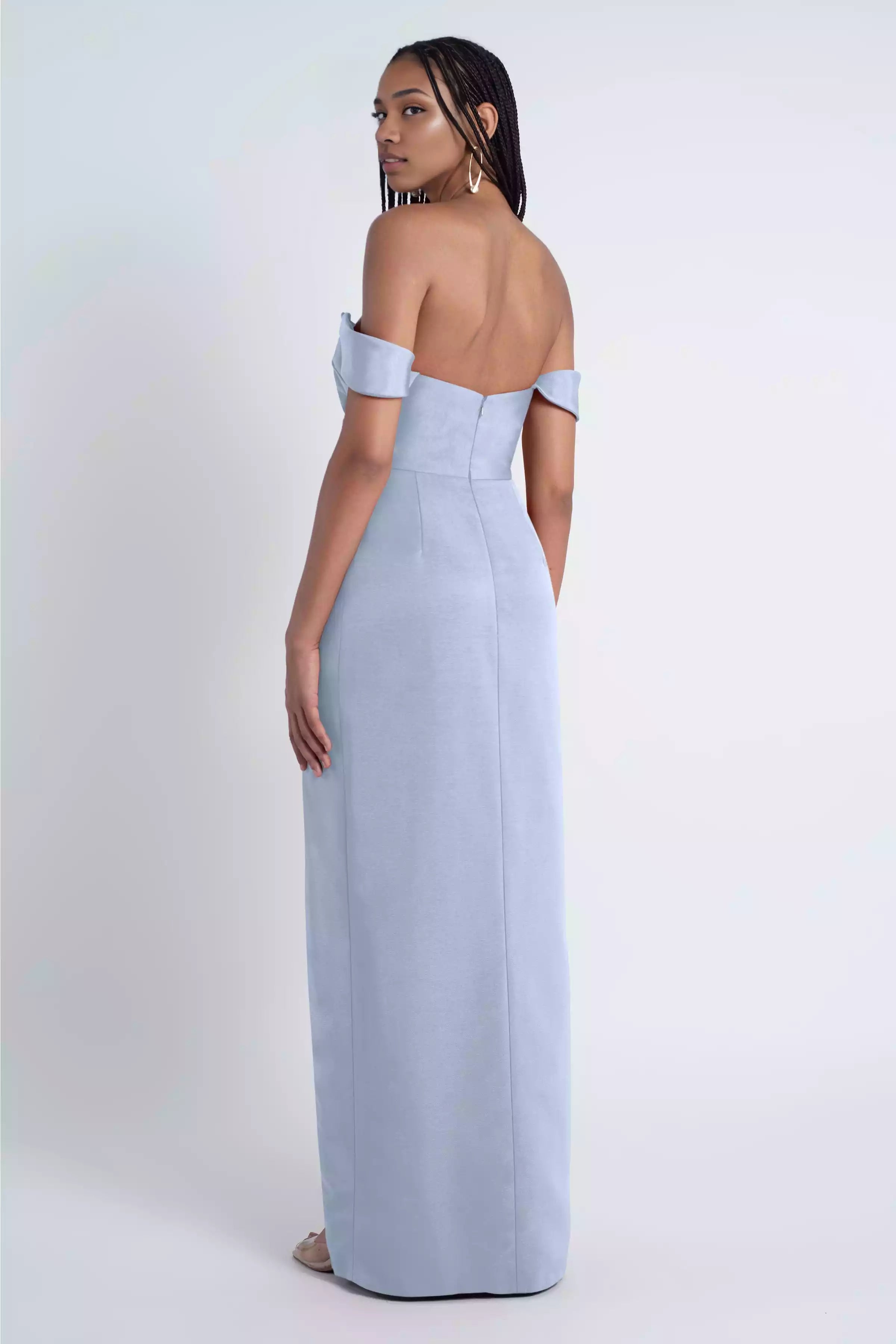 Beautiful round neck off shoulder tight corset with asymmetrical pleats and slits, fully lined back and mid zip Bridesmaid Dresses