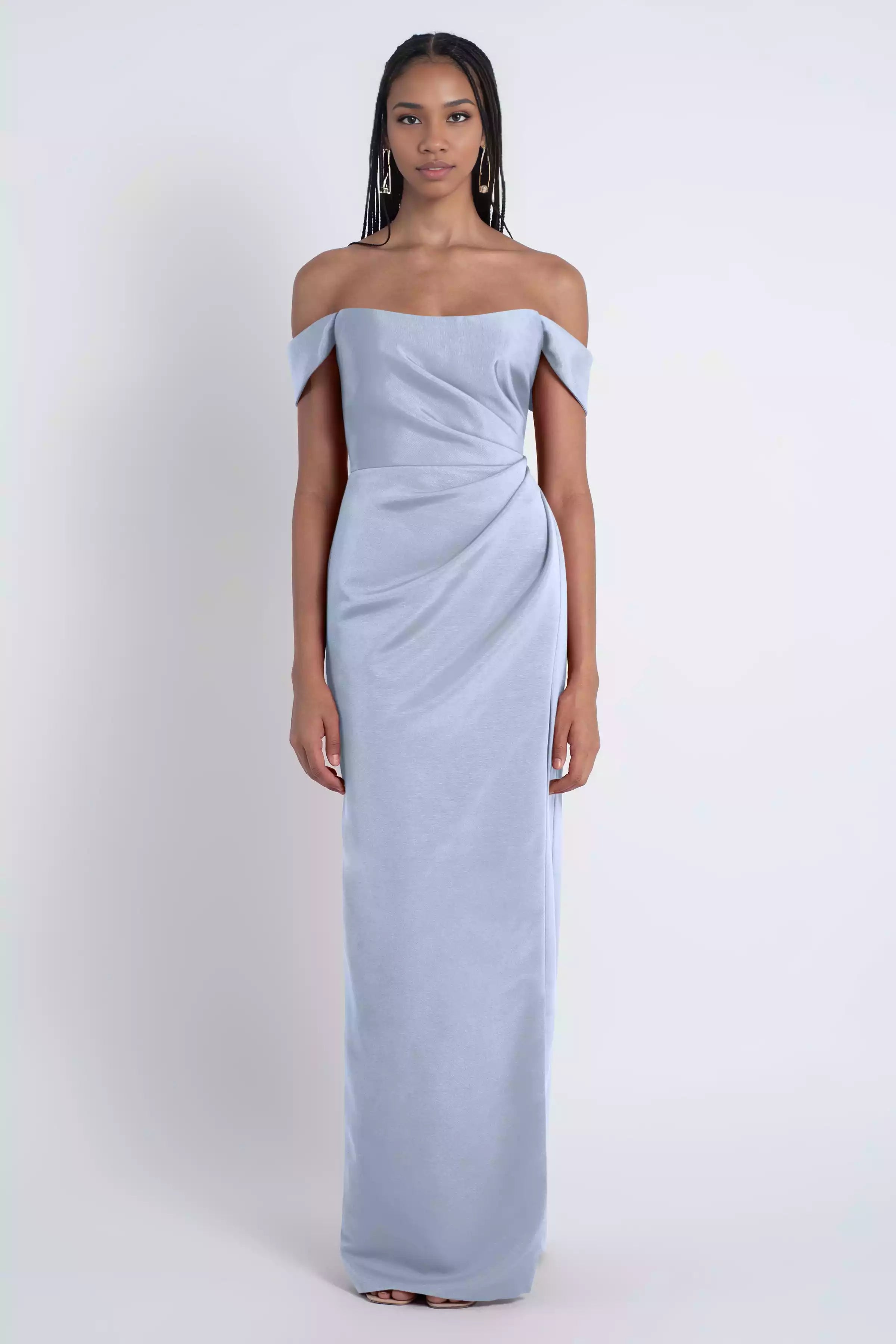Beautiful round neck off shoulder tight corset with asymmetrical pleats and slits, fully lined back and mid zip Bridesmaid Dresses