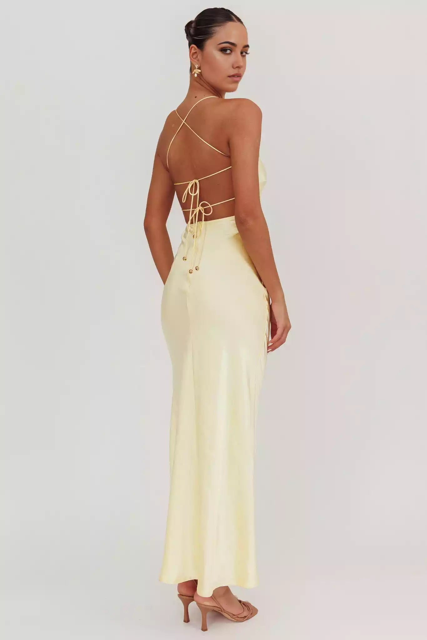 Beautiful satin extra long backless lace up leg slits without lining invisible back zipper Bridesmaid Dresses