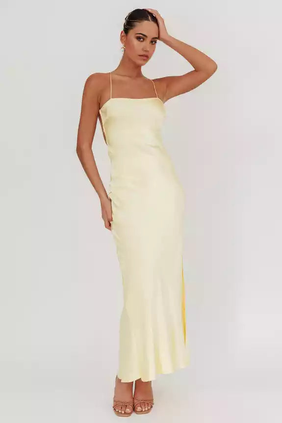 Beautiful satin extra long backless lace up leg slits without lining invisible back zipper Bridesmaid Dresses