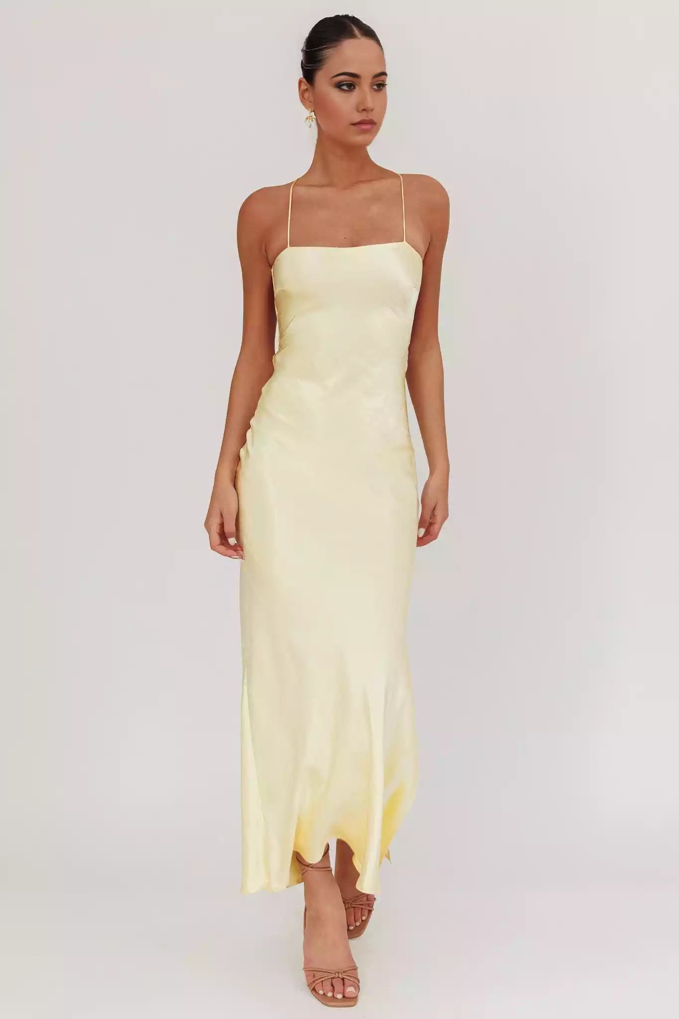 Beautiful satin extra long backless lace up leg slits without lining invisible back zipper Bridesmaid Dresses