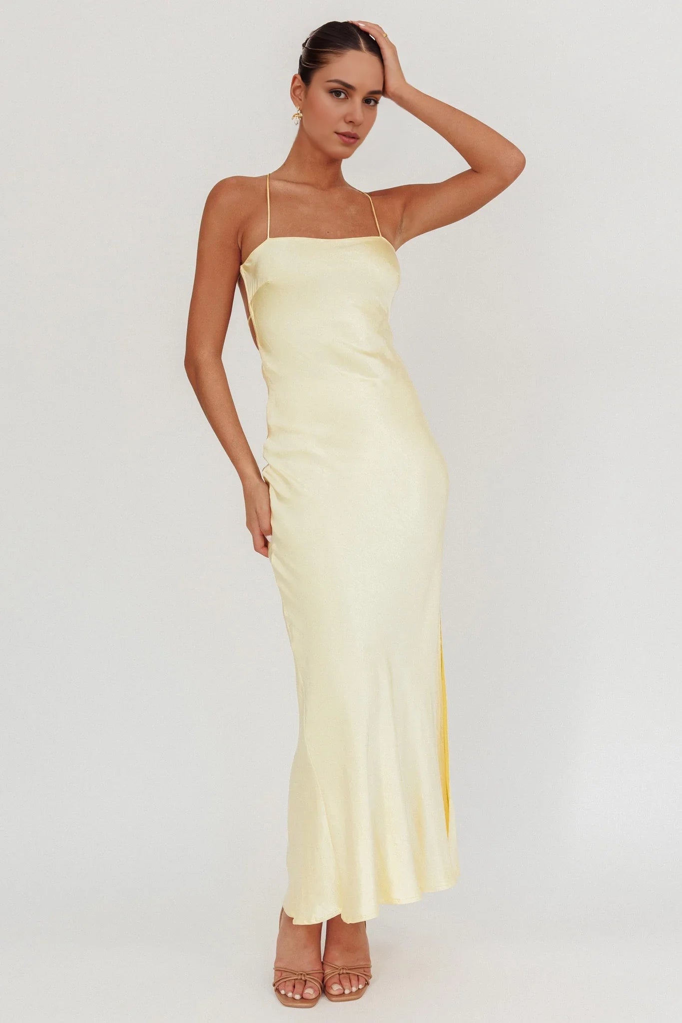 Beautiful satin extra long backless lace up leg slit unlined invisible back zipper bridesmaid dress