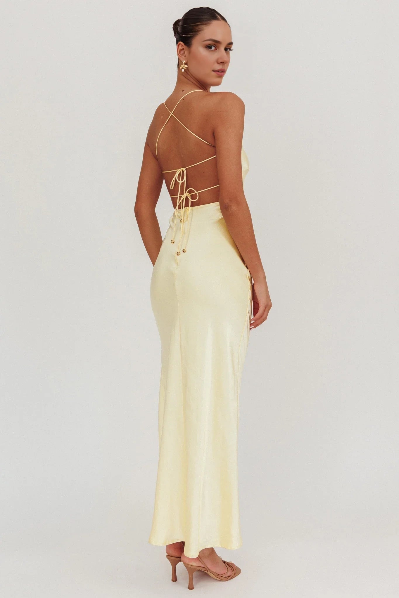 Beautiful satin extra long backless lace up leg slit unlined invisible back zipper bridesmaid dress