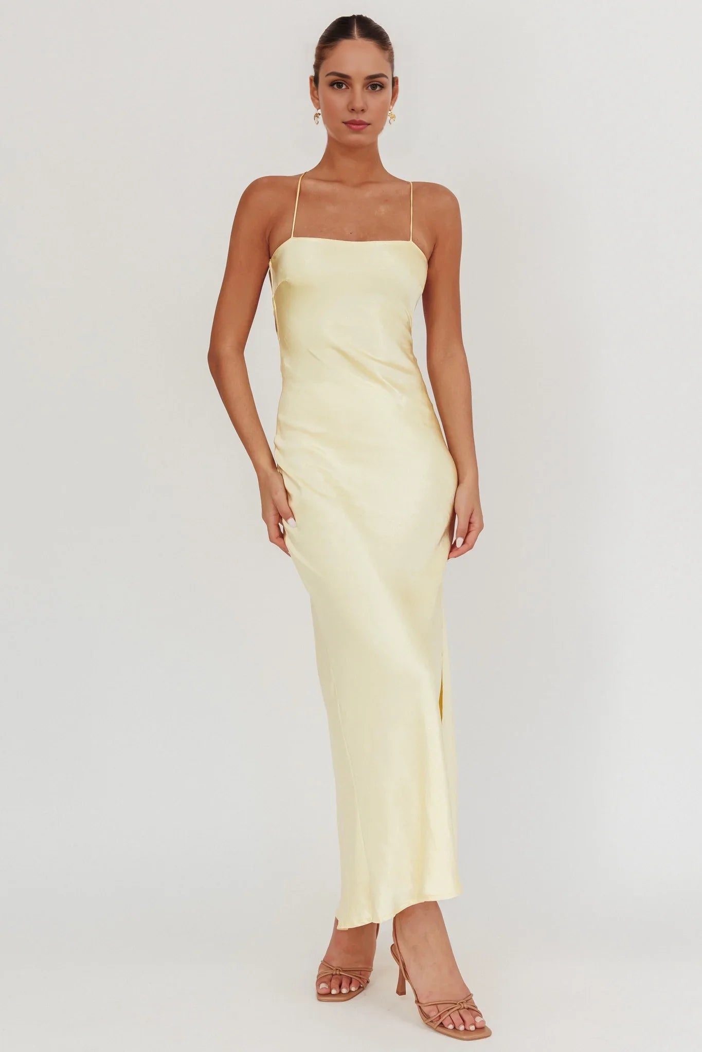 Beautiful satin extra long backless lace up leg slit unlined invisible back zipper bridesmaid dress