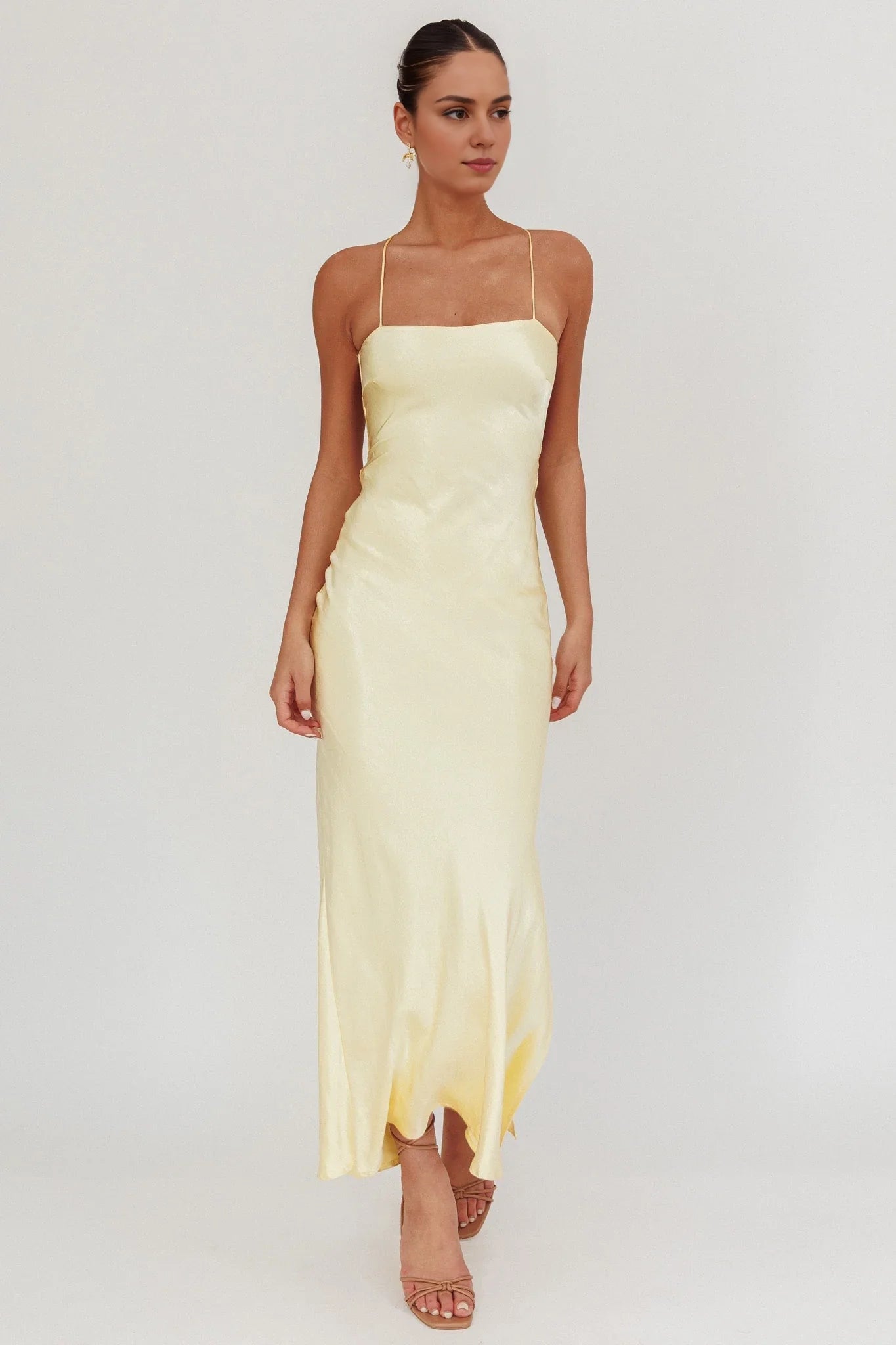 Beautiful satin extra long backless lace up leg slit unlined invisible back zipper bridesmaid dress