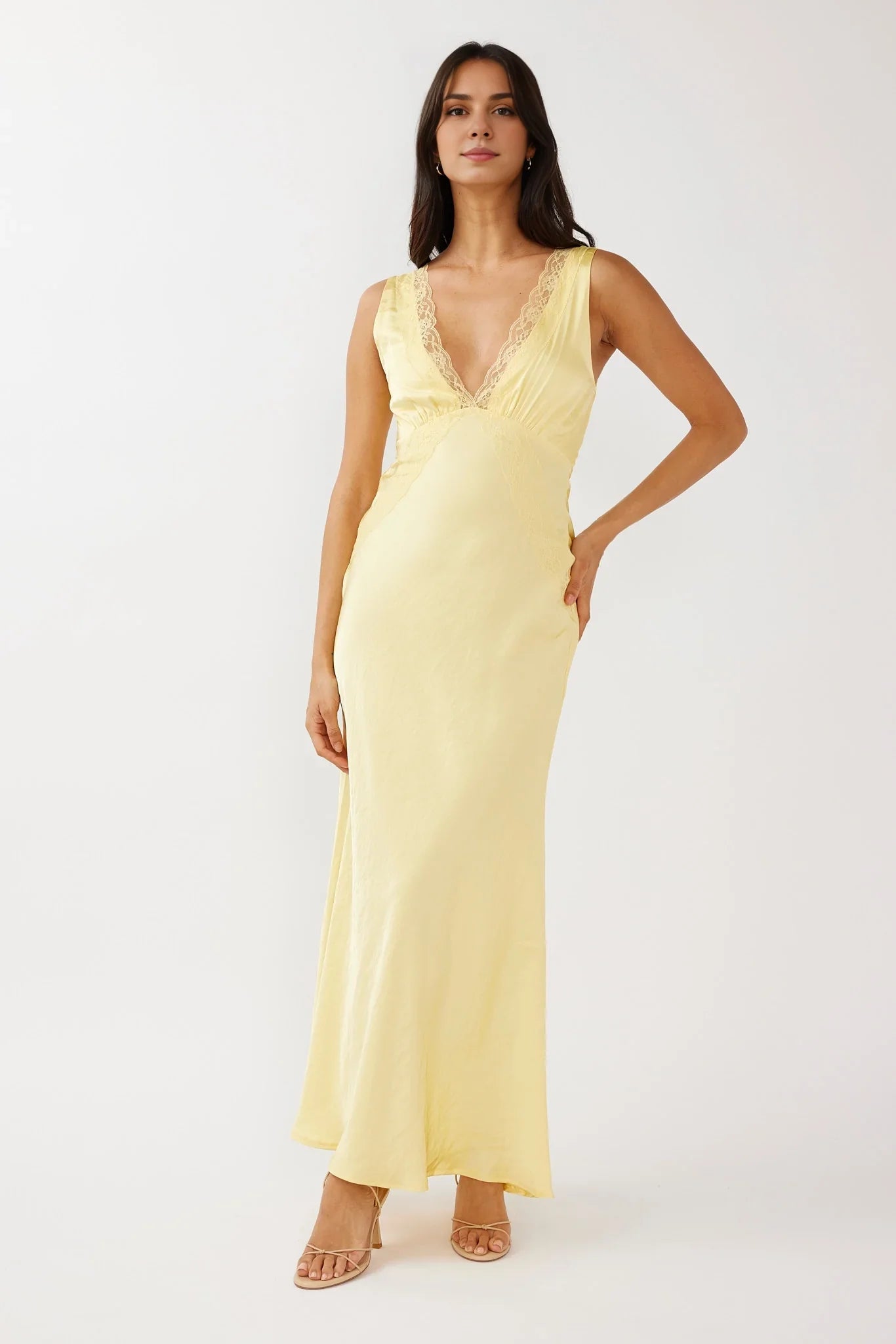 Beautiful satin long side zipper V-neck lace trimmed bridesmaid dress