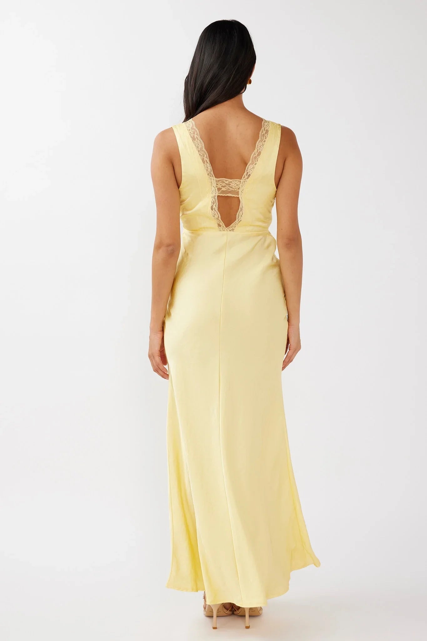 Beautiful satin long side zipper V-neck lace trimmed bridesmaid dress