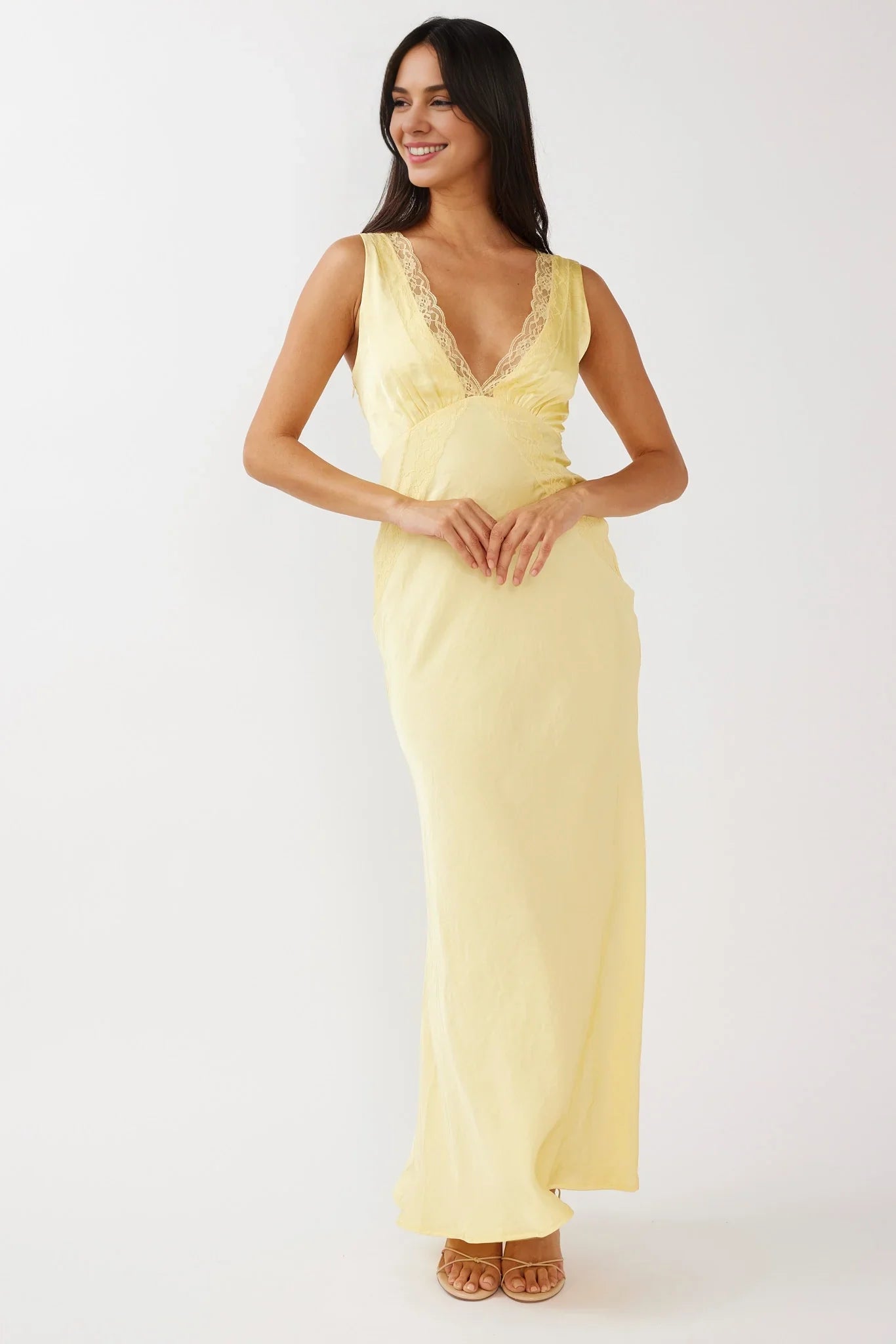 Beautiful satin long side zipper V-neck lace trimmed bridesmaid dress
