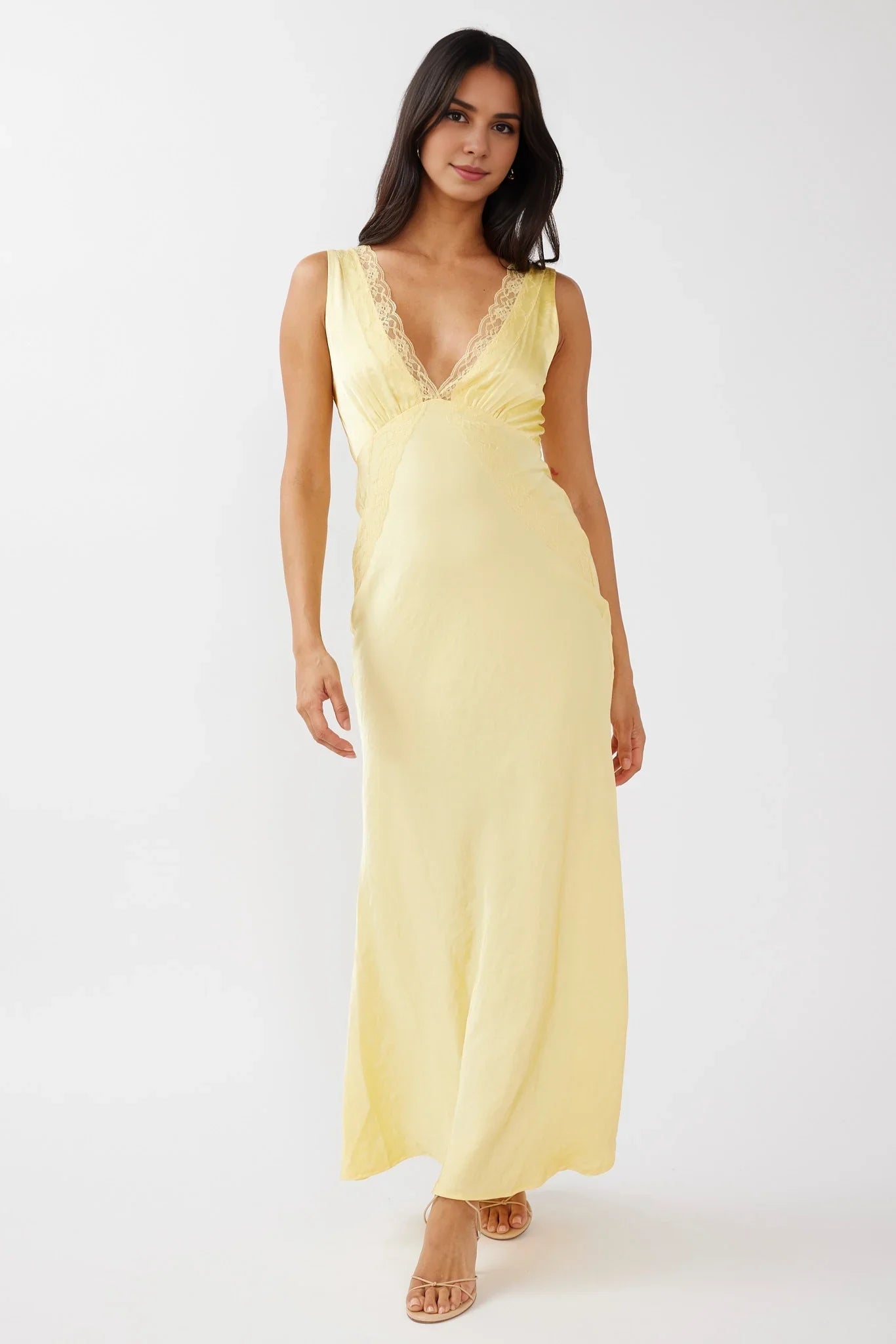 Beautiful satin long side zipper V-neck lace trimmed bridesmaid dress