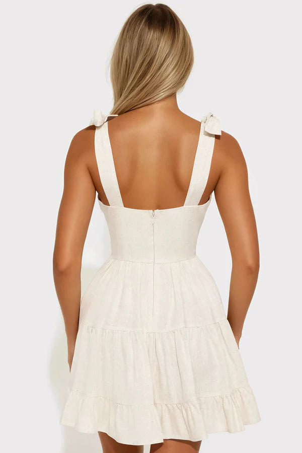 Beige Bow-Shoulder Tiered Linen Homecoming Dresses
