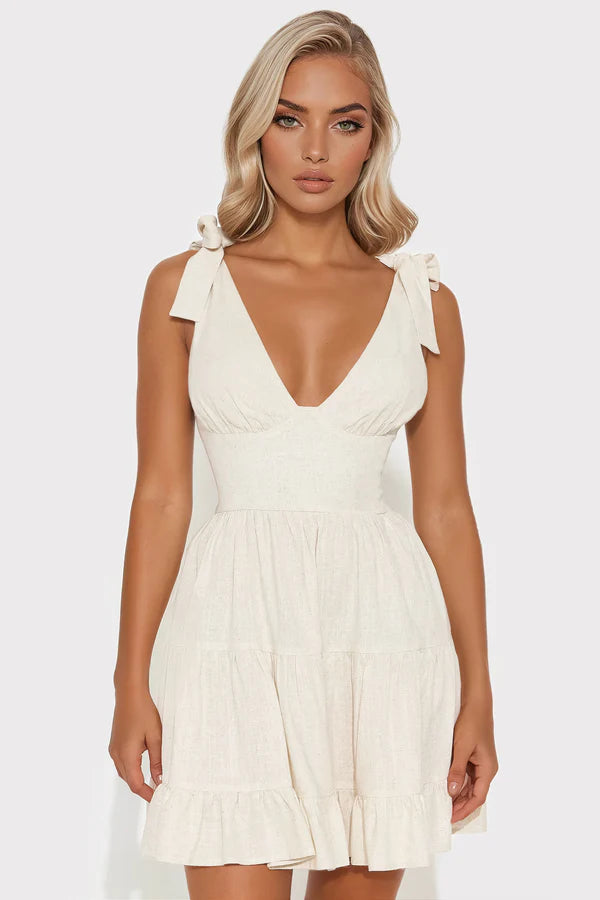 Beige Bow-Shoulder Tiered Linen Homecoming Dresses