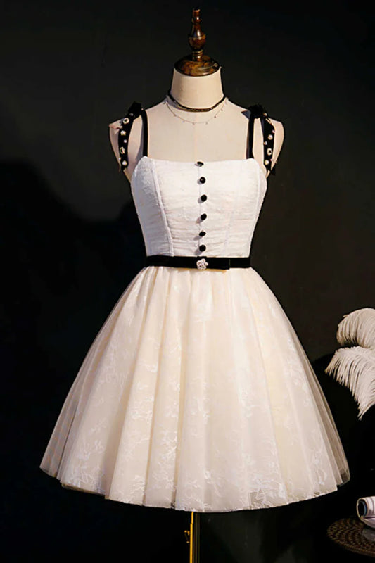 Beige Bow Straps Backless A-Line Short Homecoming Dress