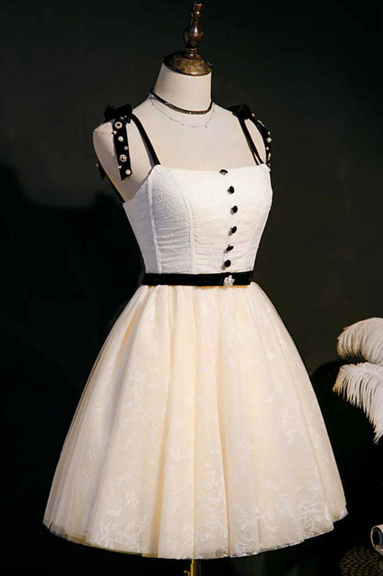 Beige Bow Straps Backless A-Line Short Homecoming Dress