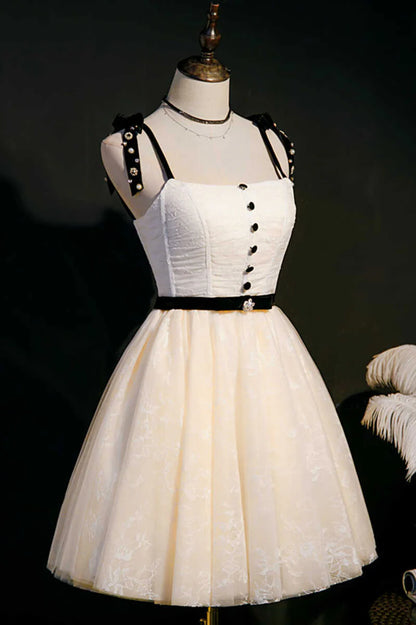 Beige Bow Straps Backless A-Line Short Homecoming Dress