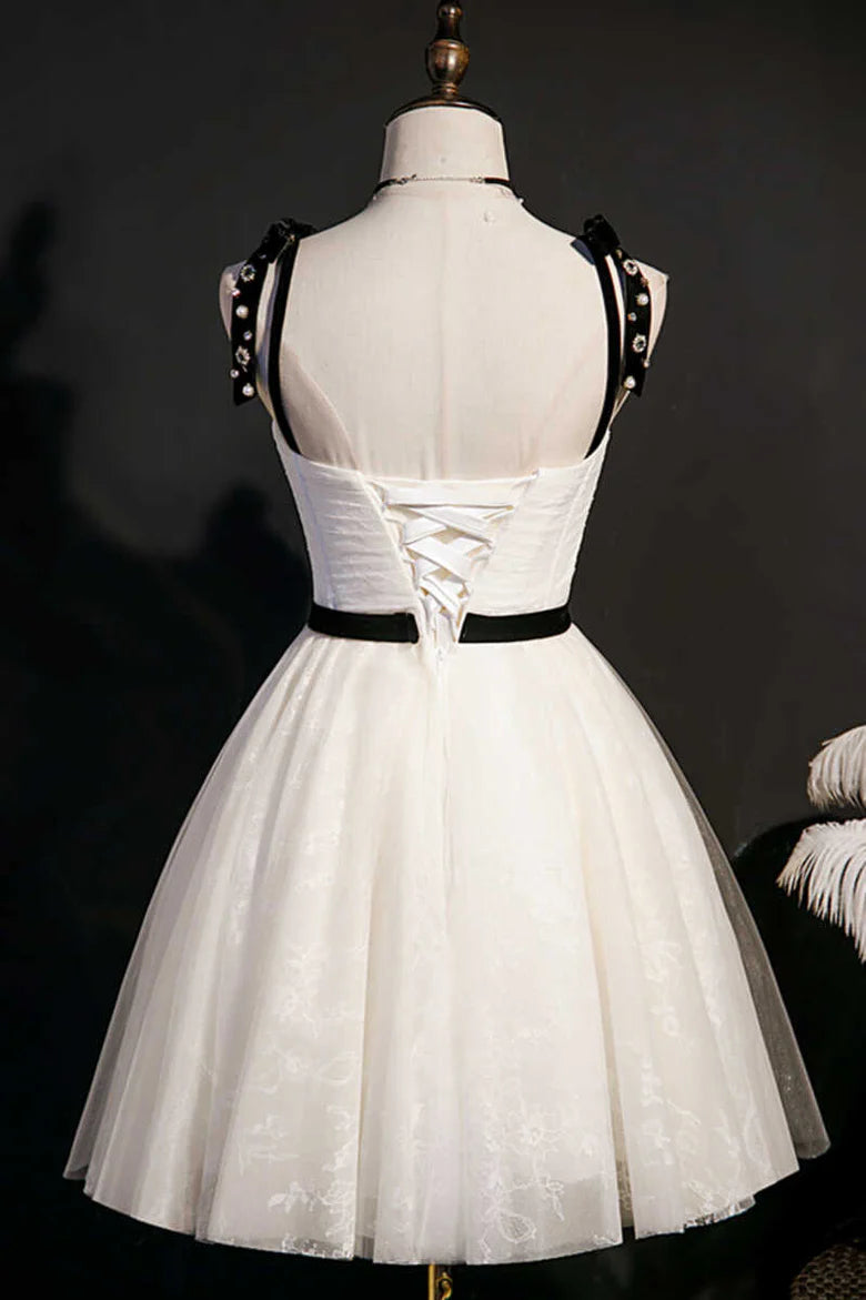 Beige Bow Straps Backless A-Line Short Homecoming Dress