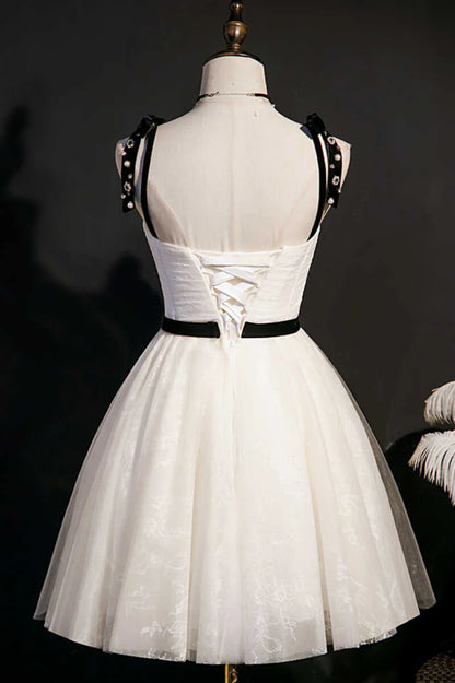 Beige Bow Straps Backless A-Line Short Homecoming Dress