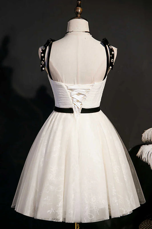 Beige Bow Straps Backless A-Line Short Homecoming Dress