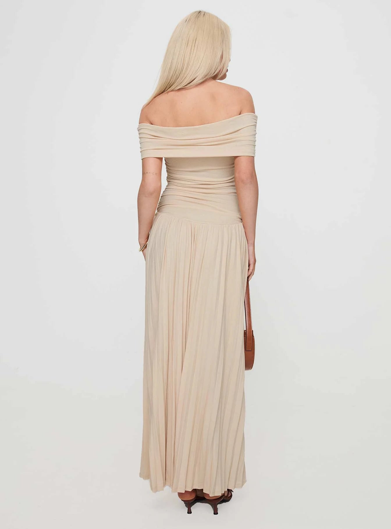 Beige Off-the-Shoulder Ruched Waist Pleated Maxi Evening Dresses