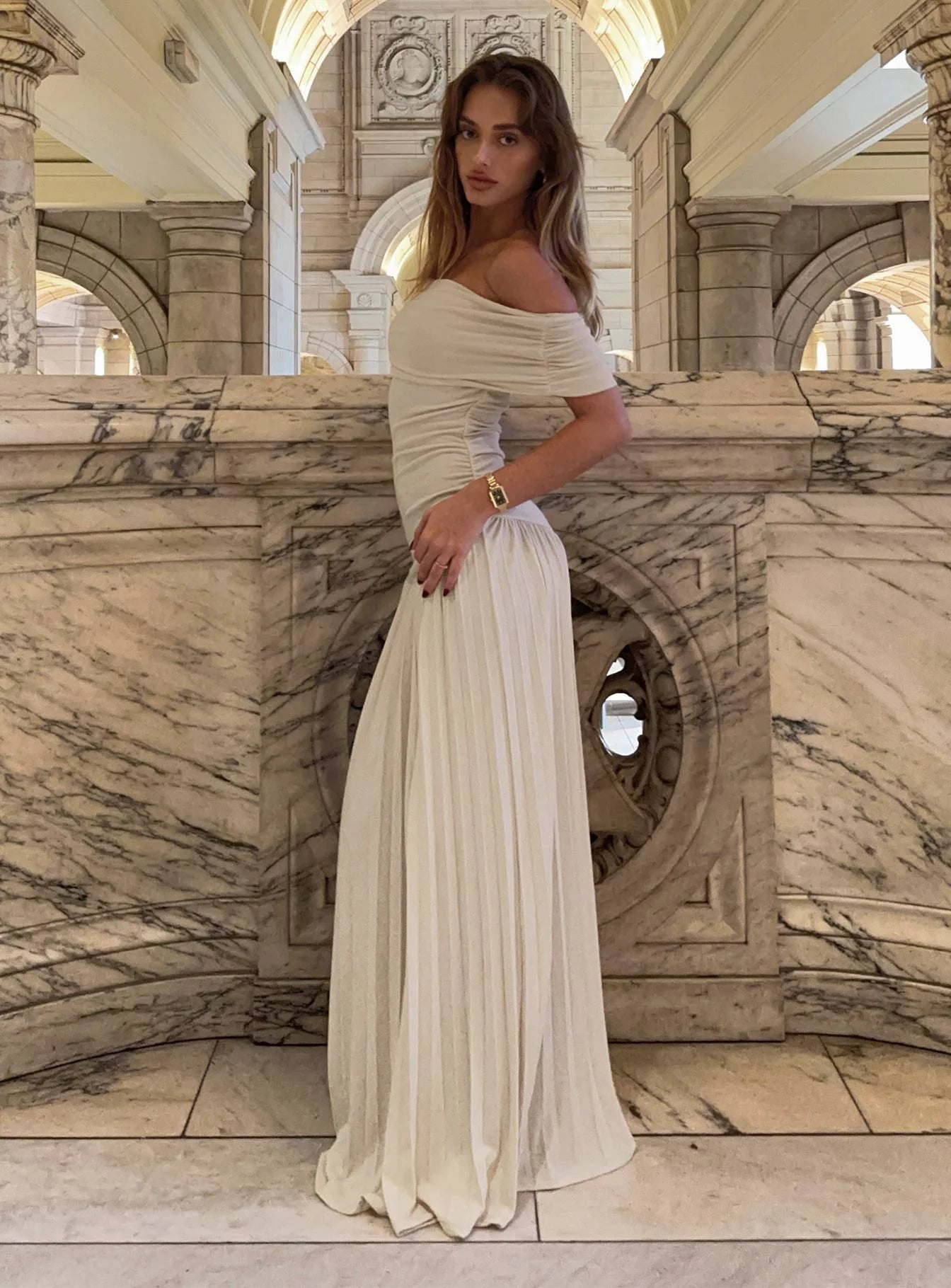 Beige Off-the-Shoulder Ruched Waist Pleated Maxi Evening Dresses