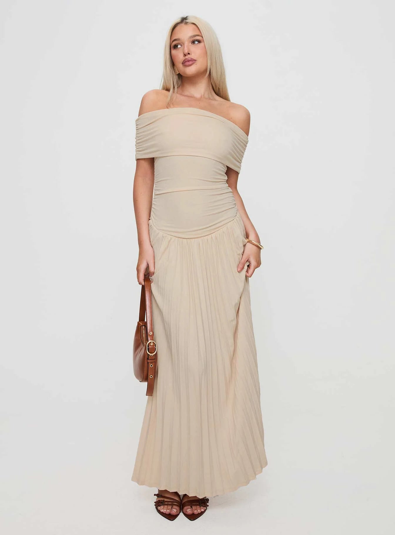 Beige Off-the-Shoulder Ruched Waist Pleated Maxi Evening Dresses