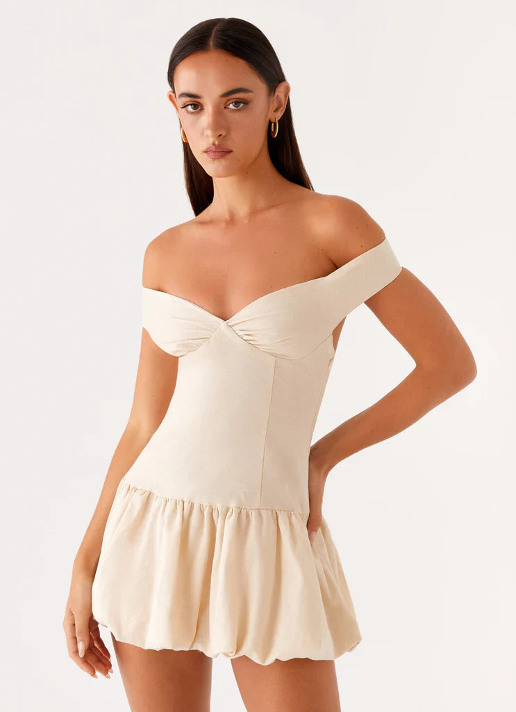 Beige Off Shoulder Backless Ruffle Ruched Mini Dress For Elegant Casual Party Events