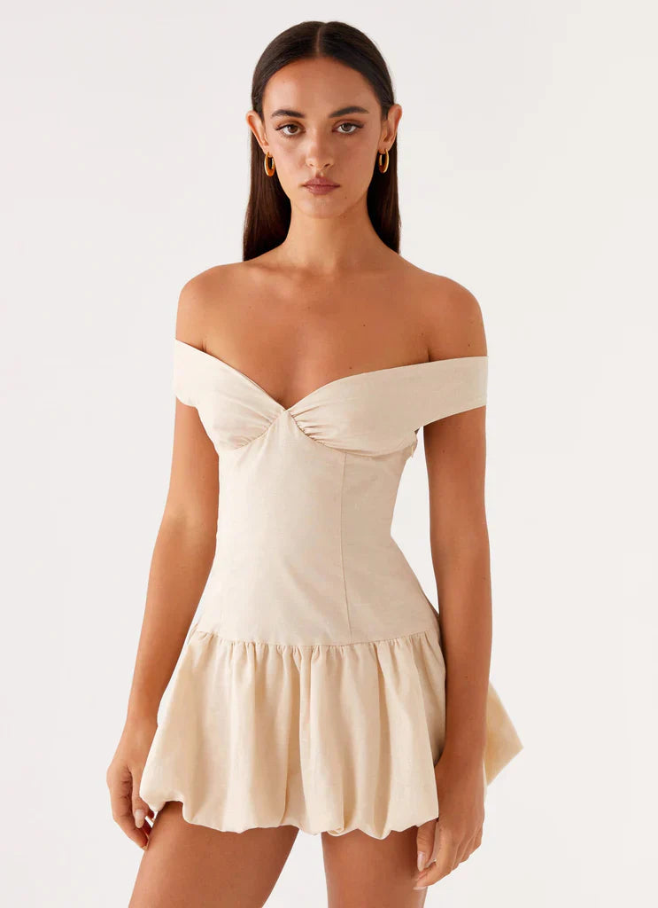 Beige Off Shoulder Backless Ruffle Ruched Mini Dress For Elegant Casual Party Events