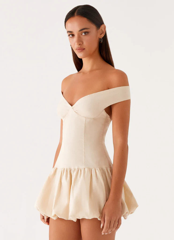 Beige Off Shoulder Backless Ruffle Ruched Mini Dress For Elegant Casual Party Events