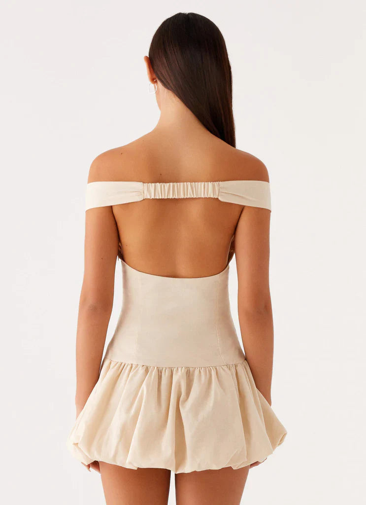 Beige Off Shoulder Backless Ruffle Ruched Mini Dress For Elegant Casual Party Events