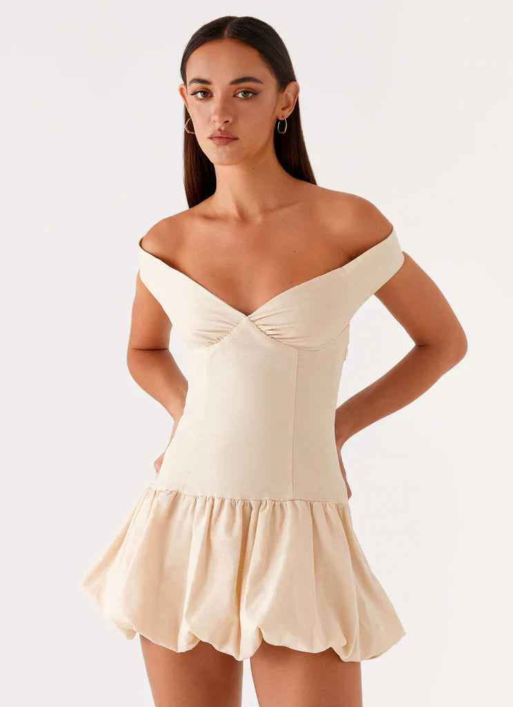 Beige Off Shoulder Backless Ruffle Ruched Mini Dress For Elegant Casual Party Events