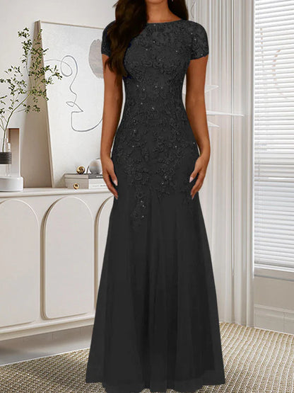 Mermaid round neck sequined chiffon dress long