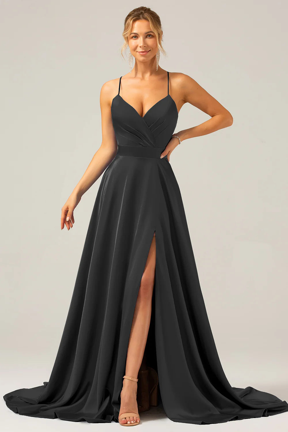 A-line V-neck pleated satin bridesmaid dress with slit