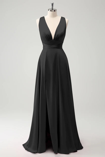 A-line deep V-neck backless strap long bridal dress
