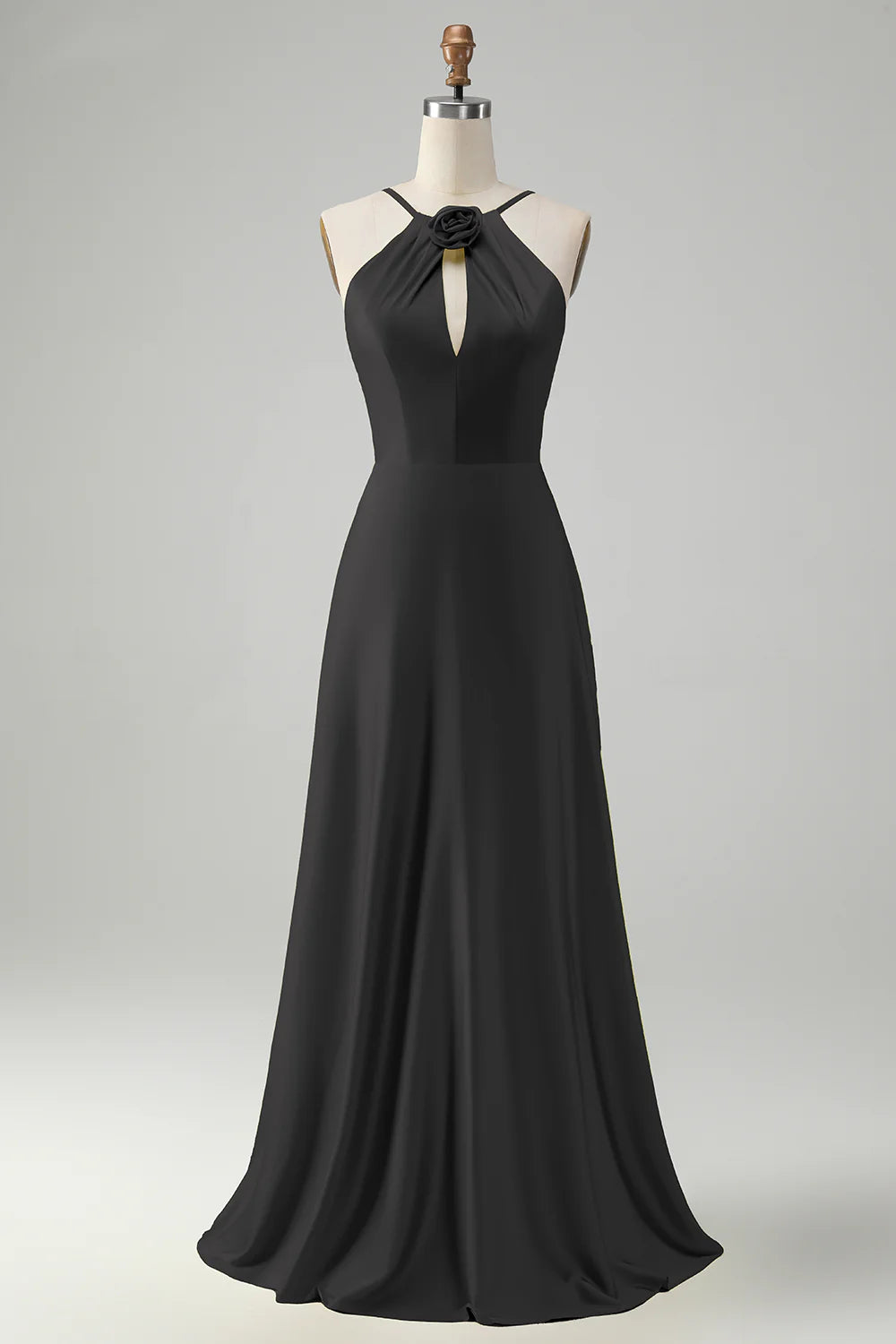 A-line hanging neck backless pleated long bridesmaid floral dress