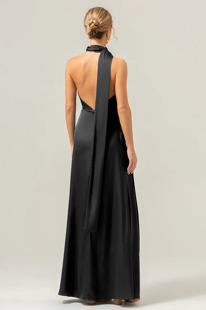 Deep V-neck backless long satin bridesmaid dress with tassels