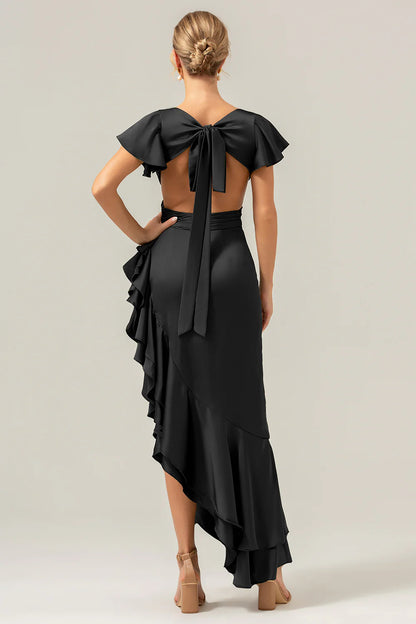 A V-neck asymmetrical pleated bridesmaid dress
