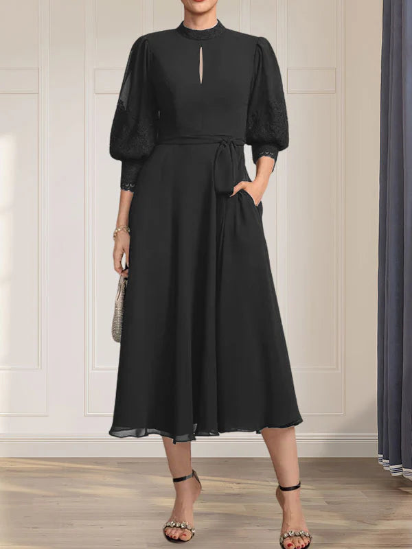 A-line High Neck Tea-Length Lace Chiffon Mother of the Bride Dress With Bow