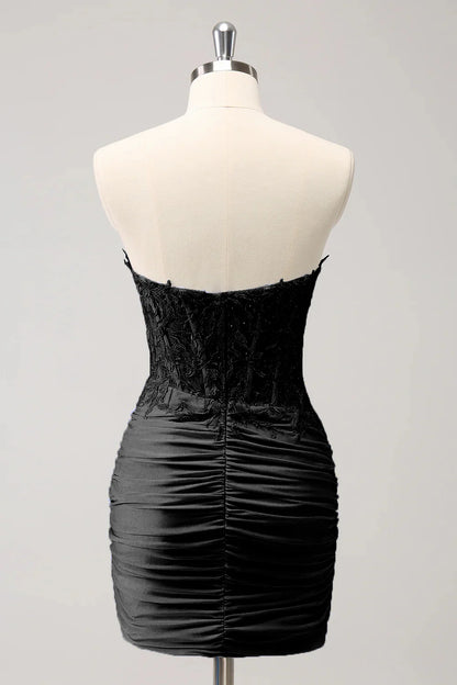 Sleeveless strapless tight fitting sweetheart corset with short pleats and beaded back to school dress