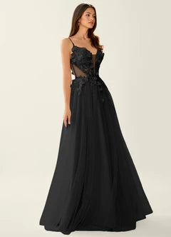 Black 3D Floral Tulle Lace Up Back Maxi Evening Dresses