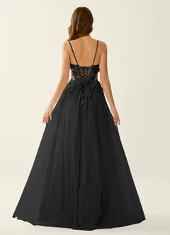 Black 3D Floral Tulle Lace Up Back Maxi Evening Dresses