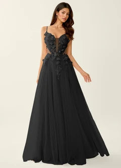 Black 3D Floral Tulle Lace Up Back Maxi Evening Dresses