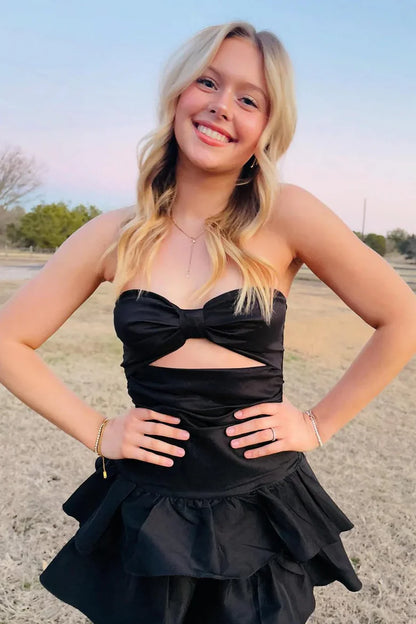 Black A-Line Strapless Keyhole Ruffles Satin Sleeveless Homecoming Dress