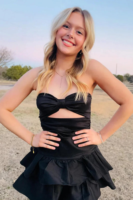 Black A-Line Strapless Keyhole Ruffles Satin Sleeveless Homecoming Dress