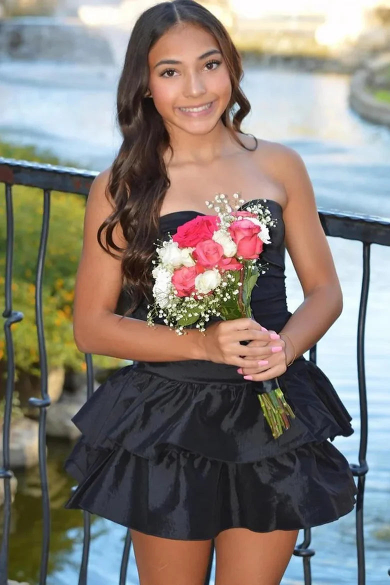Black A-Line Strapless Keyhole Ruffles Satin Sleeveless Homecoming Dress