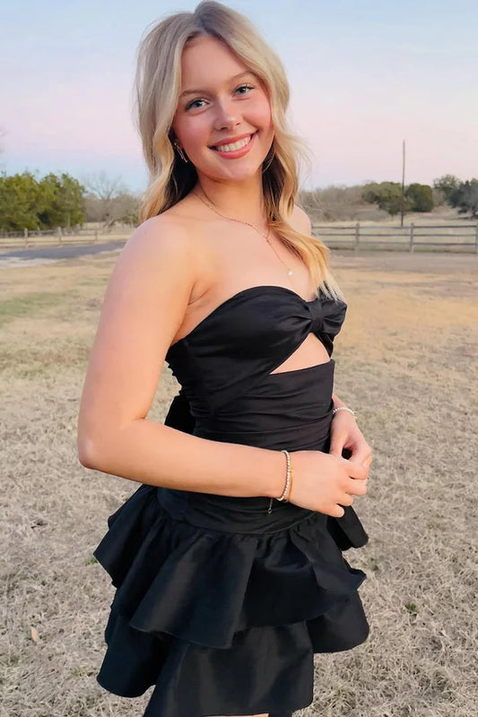 Black A-Line Strapless Keyhole Ruffles Satin Sleeveless Homecoming Dress