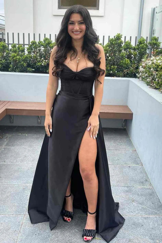 Black A-Line Strapless V-Neck Sleeveless Satin Pleated Long Prom Dress