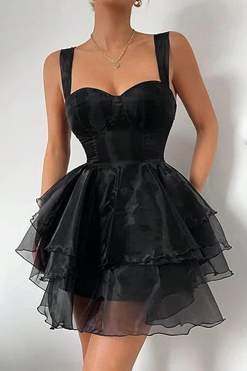 Black A-Line Straps Sweetheart Ruffles Short Party Homecoming Dress