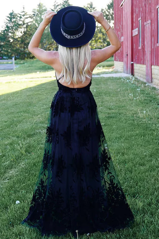 Black A-Line V-Neck Appliques Sleeveless Empire-Waist Formal Prom Dress