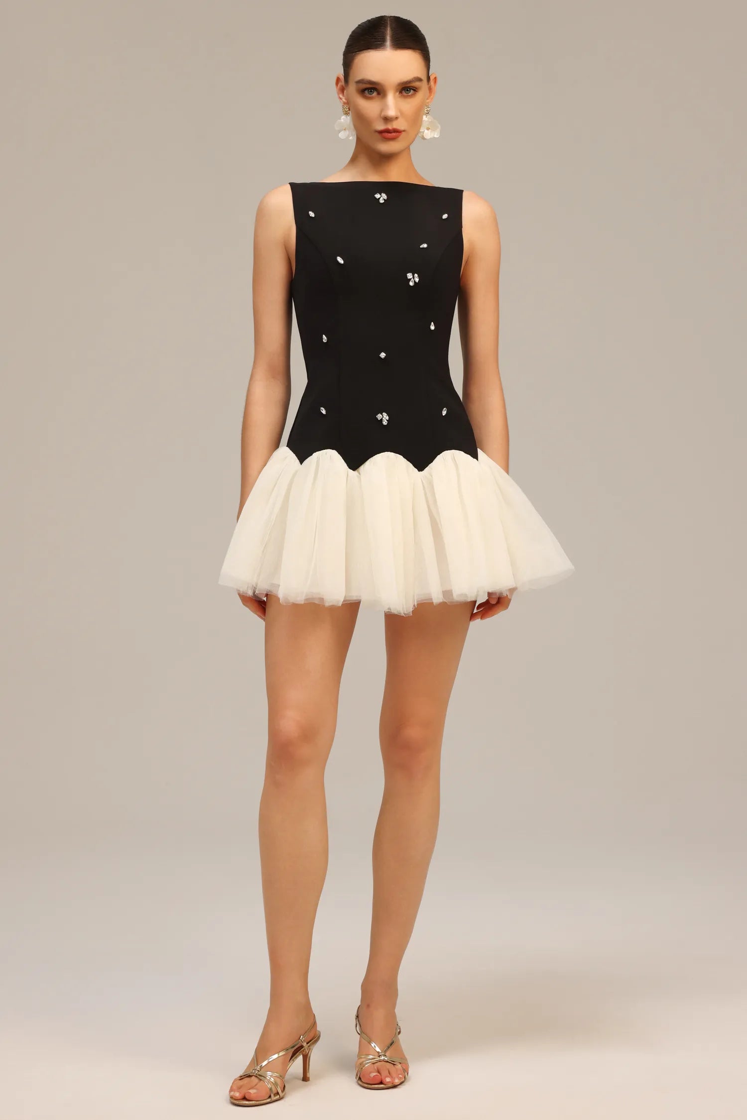 Black Beaded Contrast Tulle A-Line Mini Evening Dresses