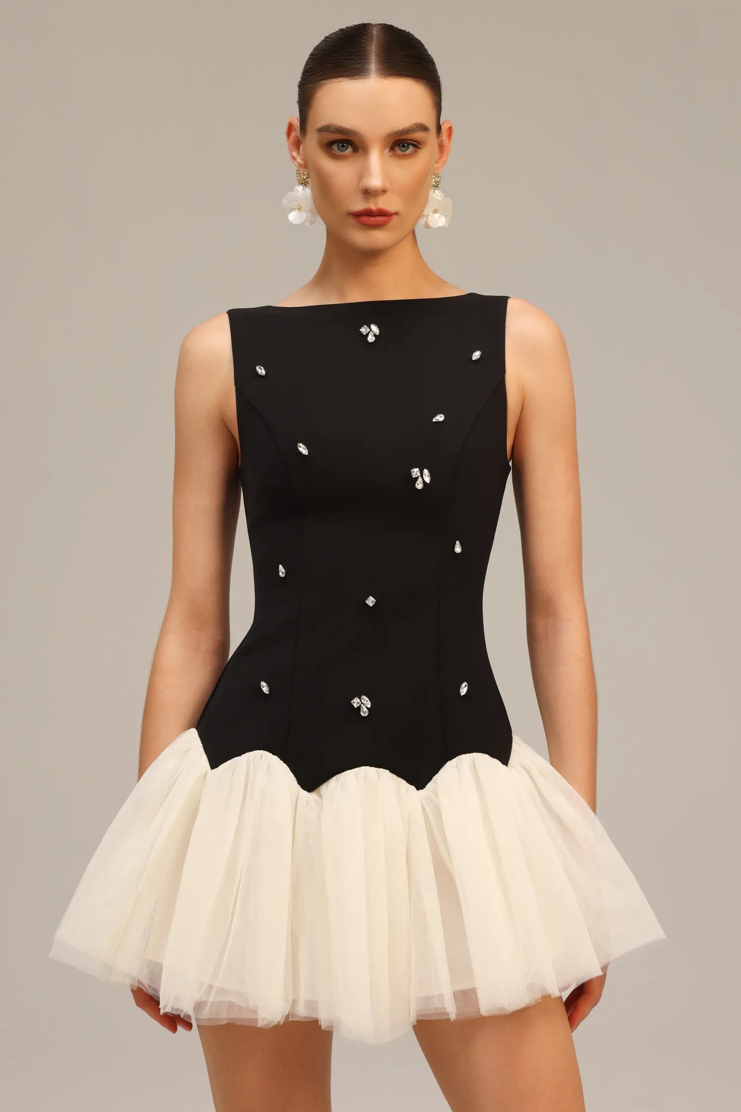 Black Beaded Contrast Tulle A-Line Mini Evening Dresses